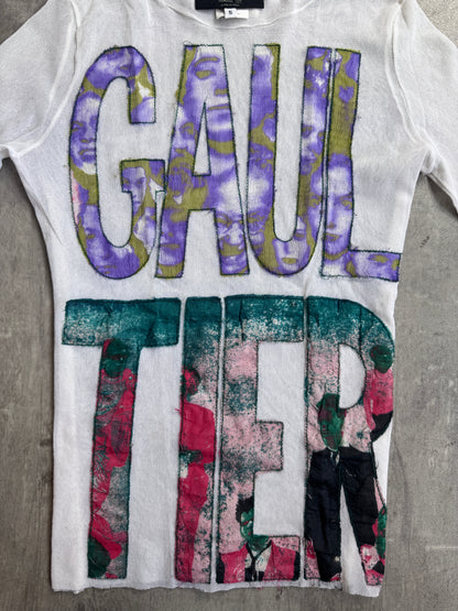 Jean Paul Gaultier Maille Femme White Mesh Raw Stitch Silk Graphic Logo L/S Tee