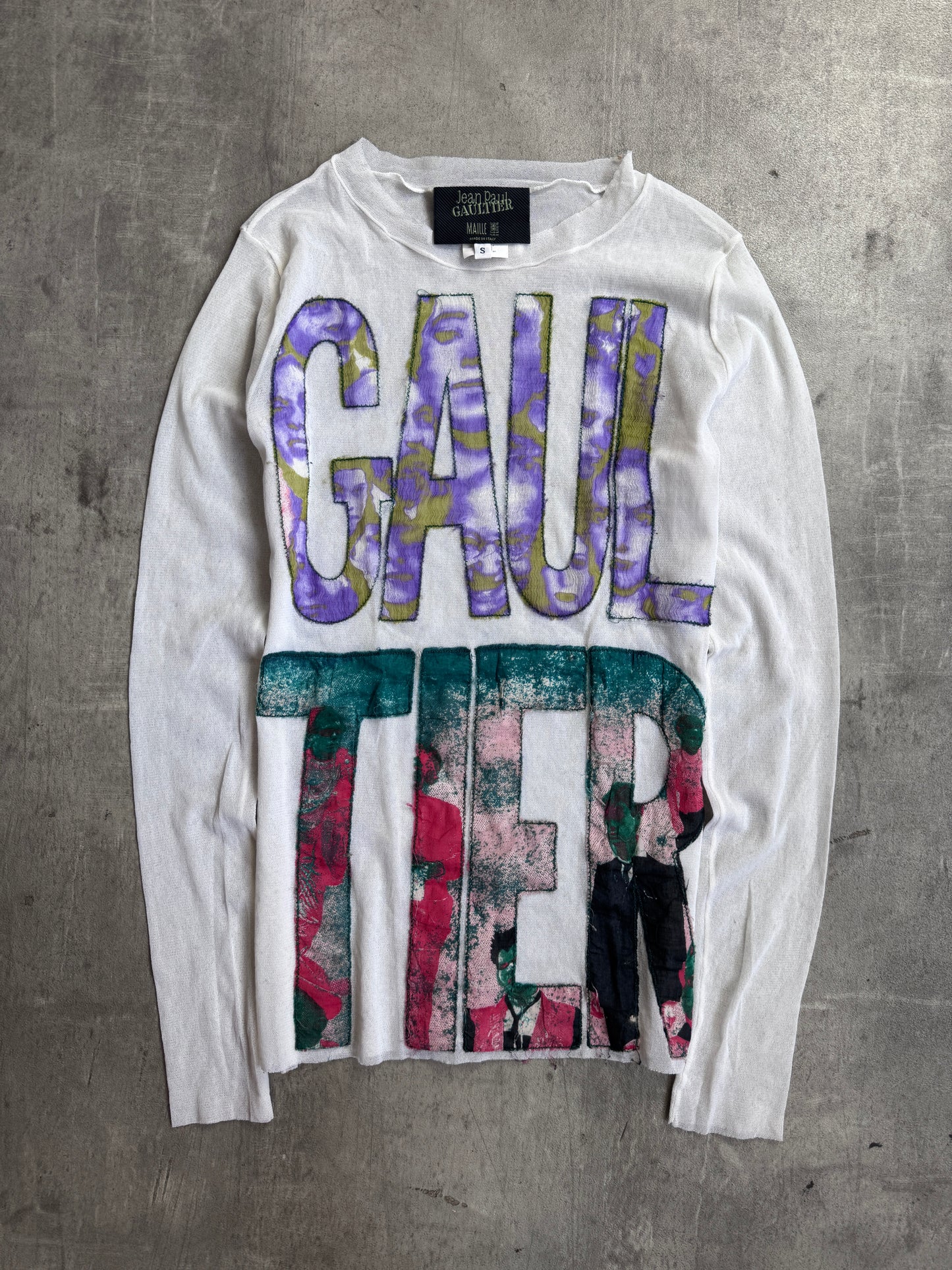 Jean Paul Gaultier Maille Femme White Mesh Raw Stitch Silk Graphic Logo L/S Tee