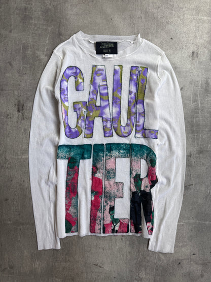 Jean Paul Gaultier Maille Femme White Mesh Raw Stitch Silk Graphic Logo L/S Tee