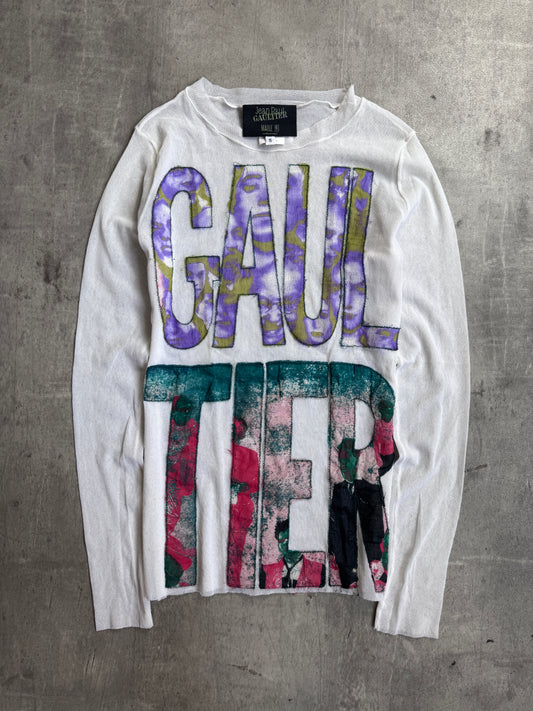Jean Paul Gaultier Maille Femme White Mesh Raw Stitch Silk Graphic Logo L/S Tee