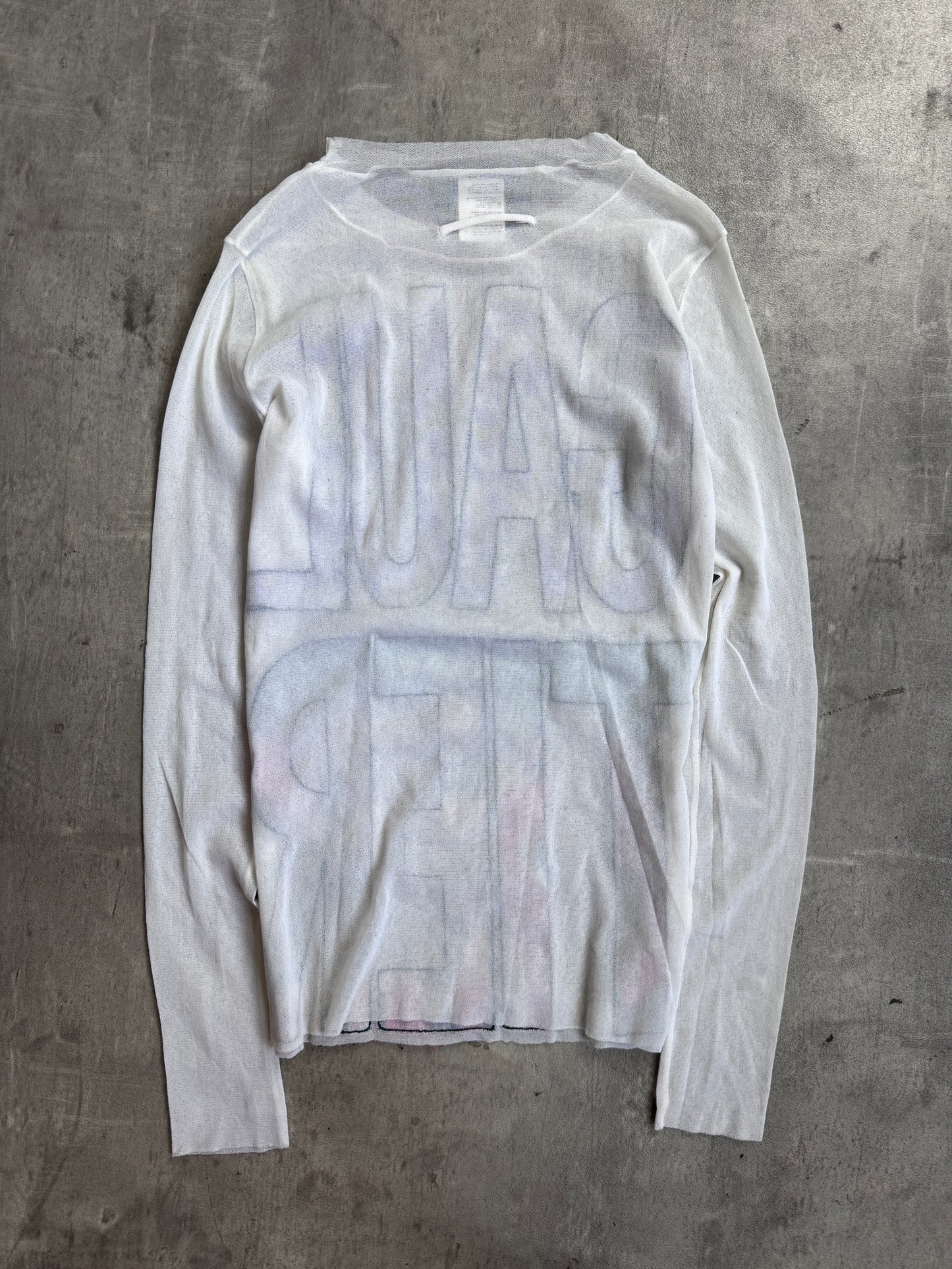 Jean Paul Gaultier Maille Femme White Mesh Raw Stitch Silk Graphic Logo L/S Tee