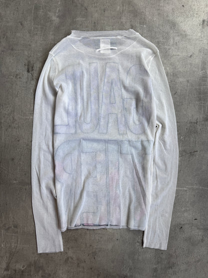 Jean Paul Gaultier Maille Femme White Mesh Raw Stitch Silk Graphic Logo L/S Tee