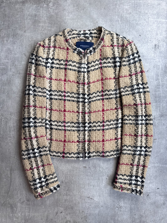Burberry Beige House Check Full Zip Wool Cropped Jacket