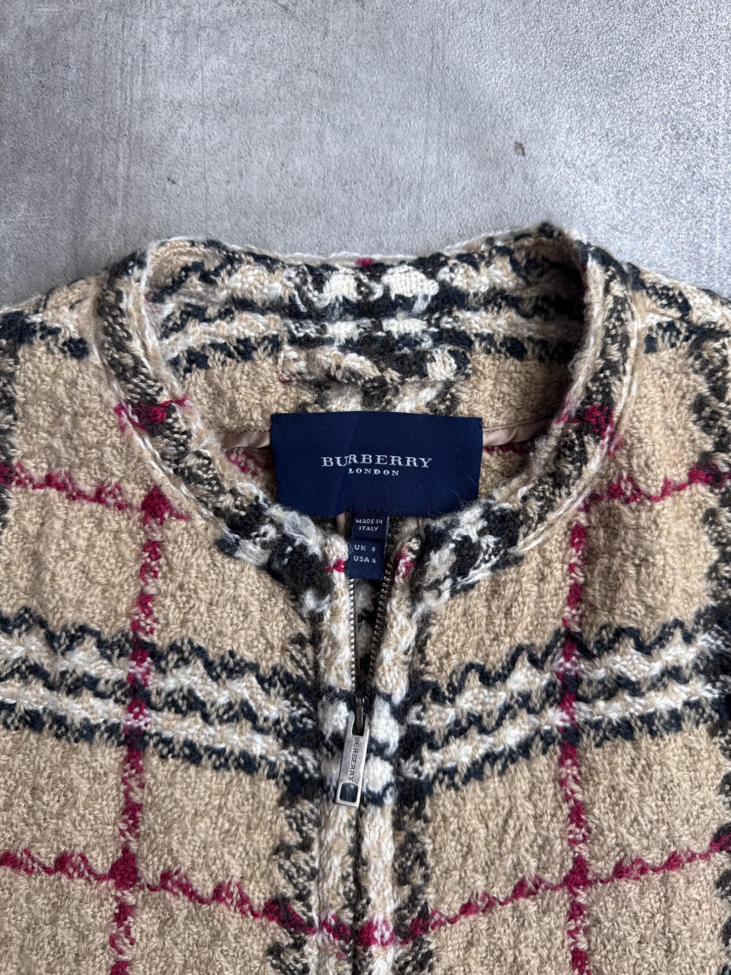 Burberry Beige House Check Full Zip Wool Cropped Jacket