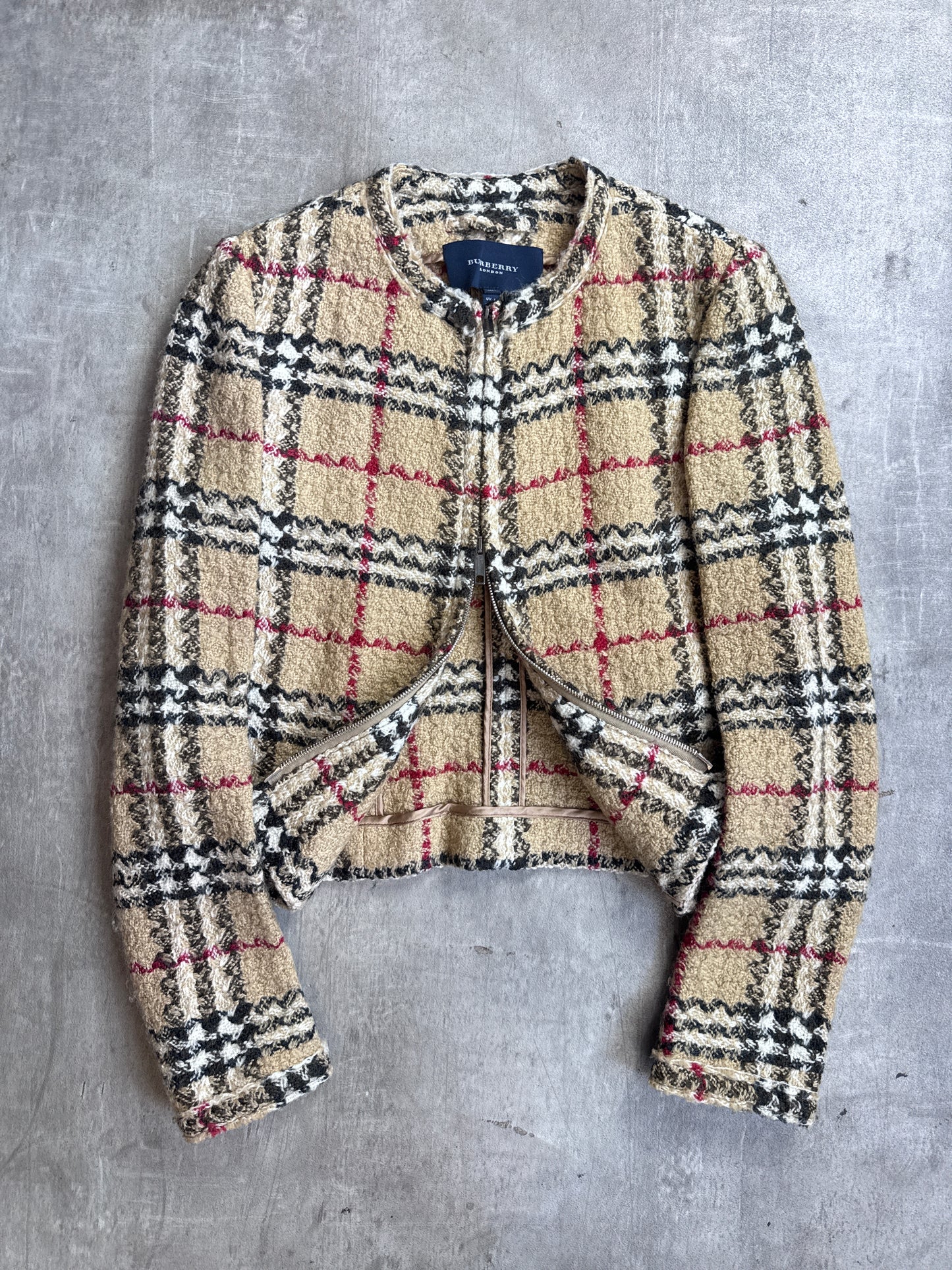 Burberry Beige House Check Full Zip Wool Cropped Jacket