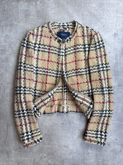Burberry Beige House Check Full Zip Wool Cropped Jacket