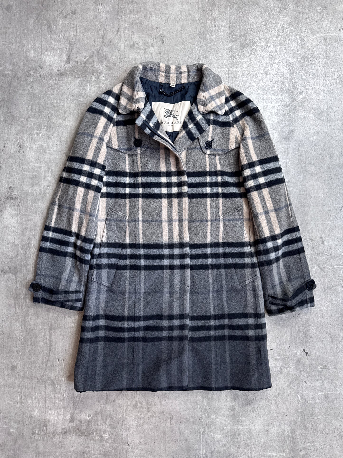 Burberry Grey Nova Check Wool Mid Length Trench