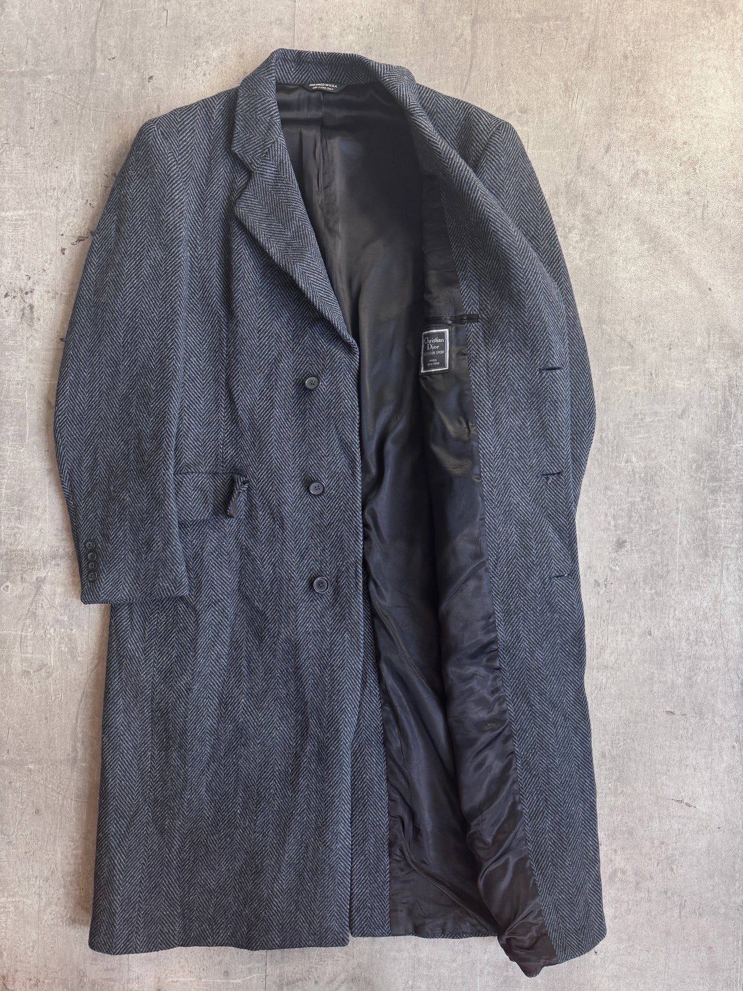 Christian Dior Monsieur Sport Pure Wool Double Breasted Grey Herringbone Tweed Coat