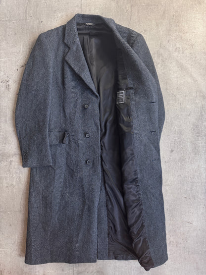 Christian Dior Monsieur Sport Pure Wool Double Breasted Grey Herringbone Tweed Coat