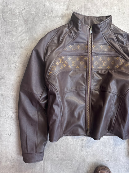 VT Rework: Louis Vuitton Classic Print Brown Leather Cropped Jacket