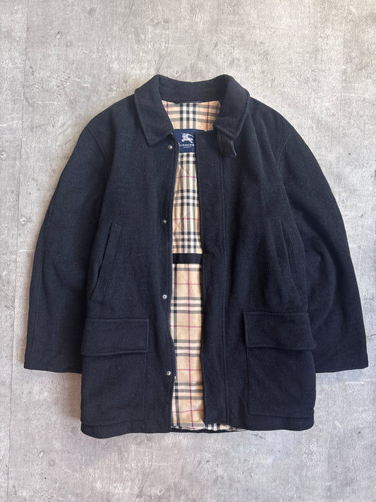 Burberry Black Lana Wool Nova Check Lined Single Breasted Peacoat