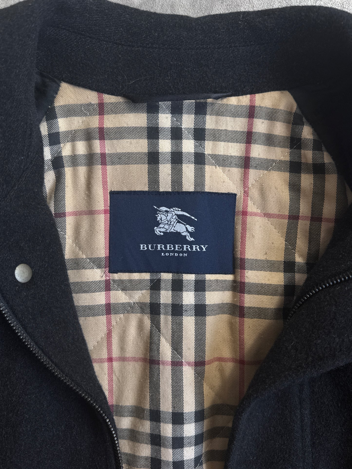 Burberry Black Lana Wool Nova Check Lined Single Breasted Peacoat