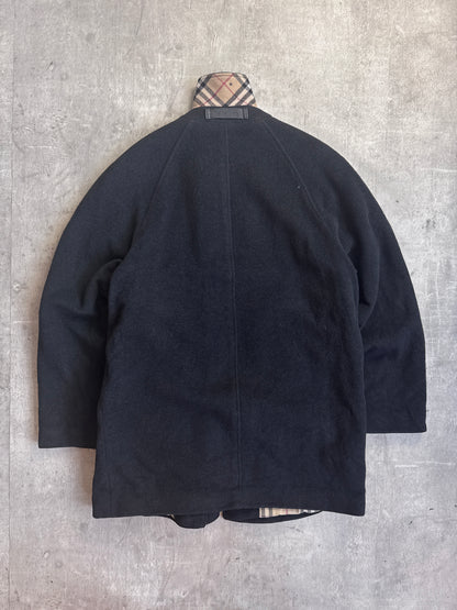 Burberry Black Lana Wool Nova Check Lined Single Breasted Peacoat