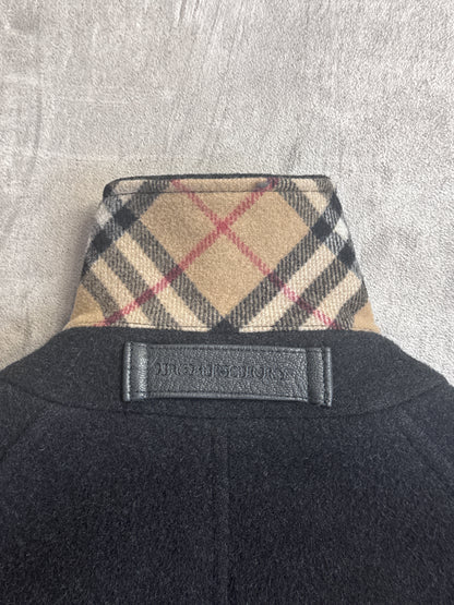 Burberry Black Lana Wool Nova Check Lined Single Breasted Peacoat