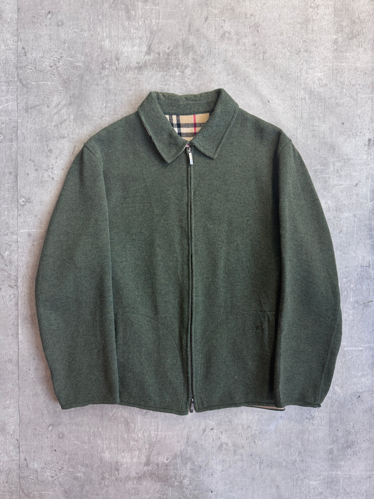 Burberry Bottle Green Lana Wool Blend Nova Check Lined Dual Zip Over Shirt