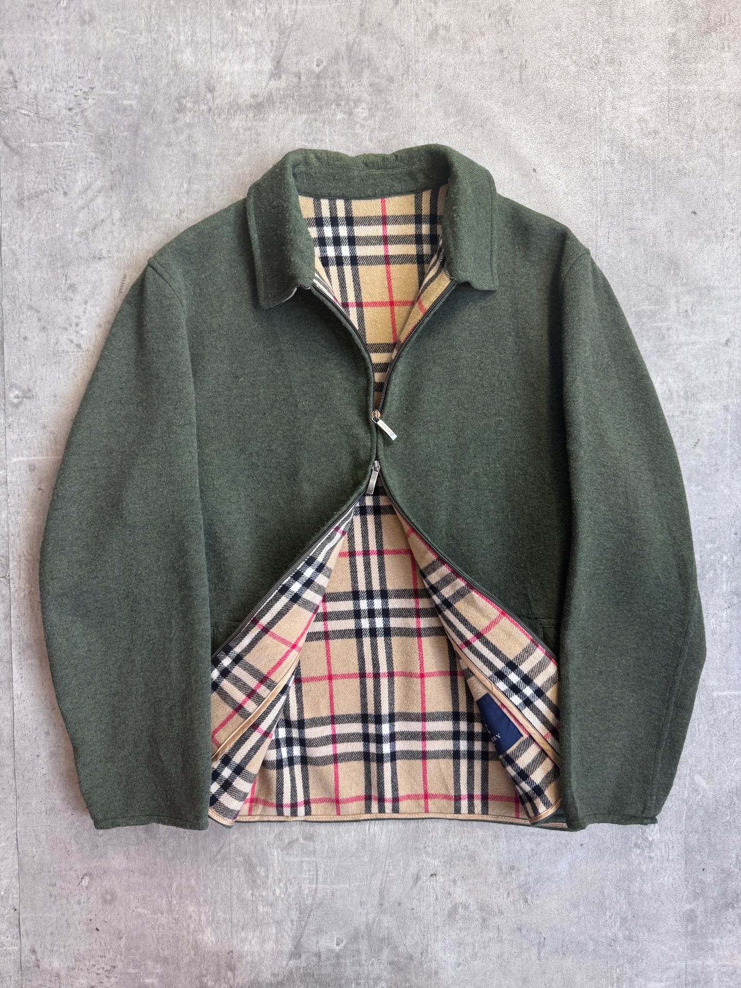 Burberry Bottle Green Lana Wool Blend Nova Check Lined Dual Zip Over Shirt