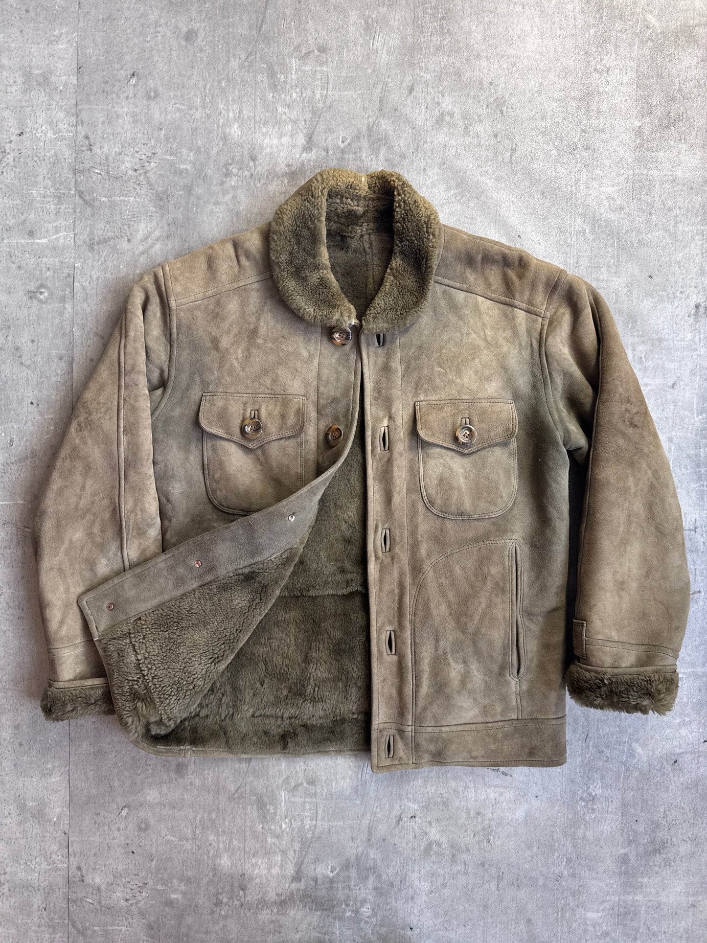 Burberry Olive Suede Shearling Button Down Jacket