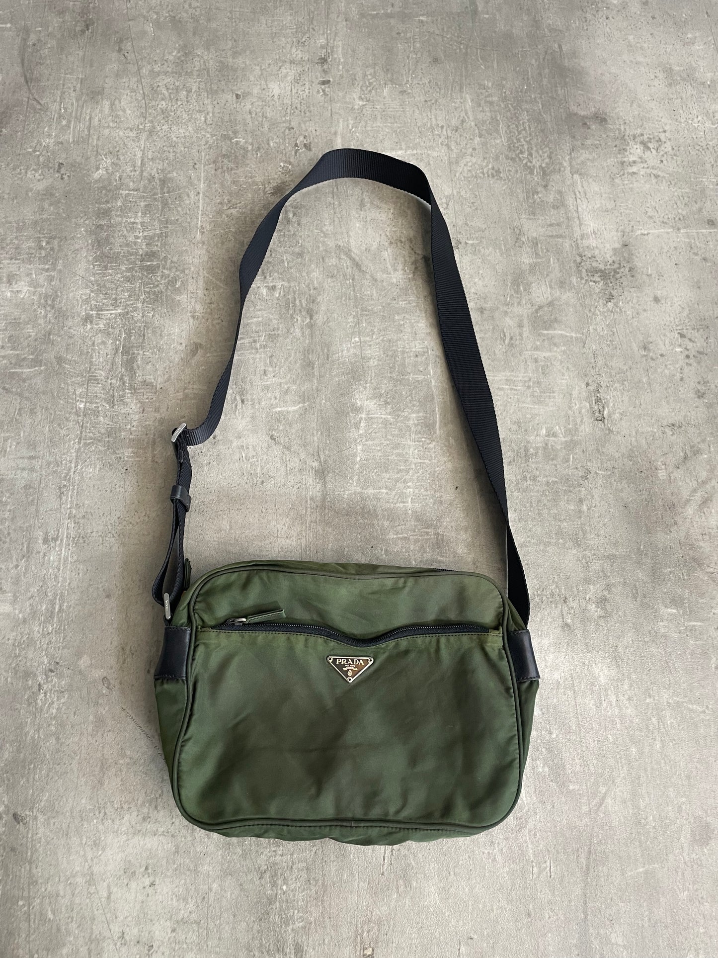 Prada Logo Plaque Khaki Nylon Crossbody Bag