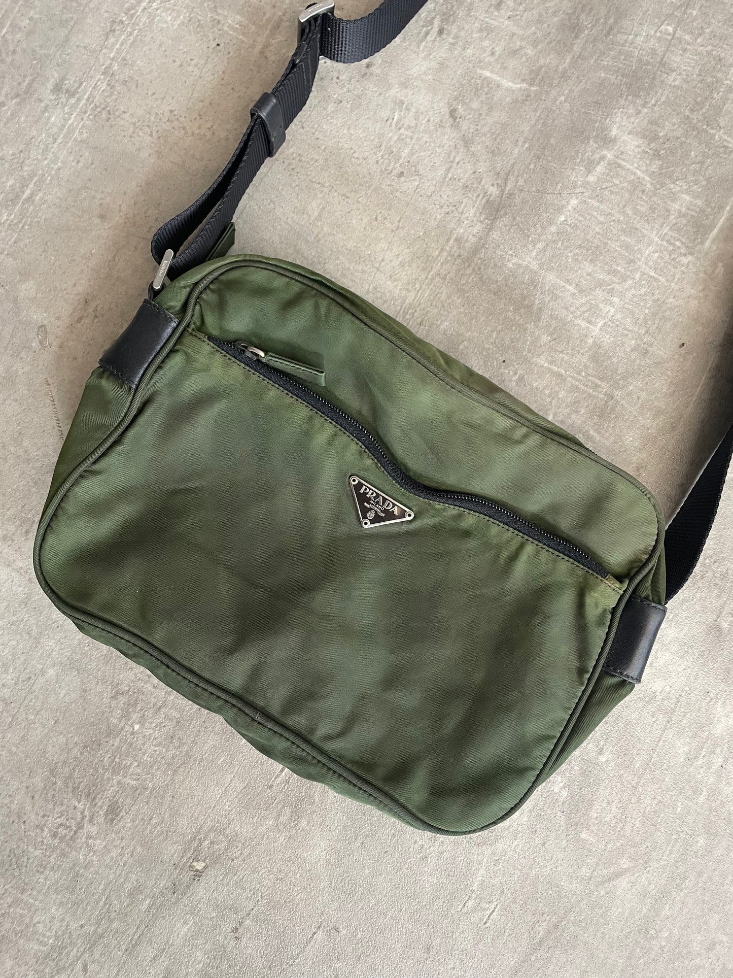 Prada Logo Plaque Khaki Nylon Crossbody Bag
