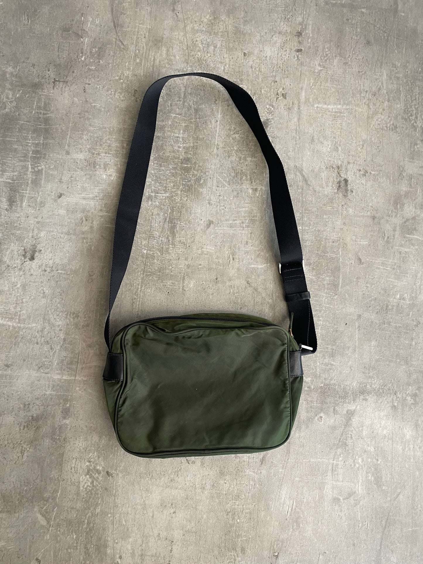 Prada Logo Plaque Khaki Nylon Crossbody Bag