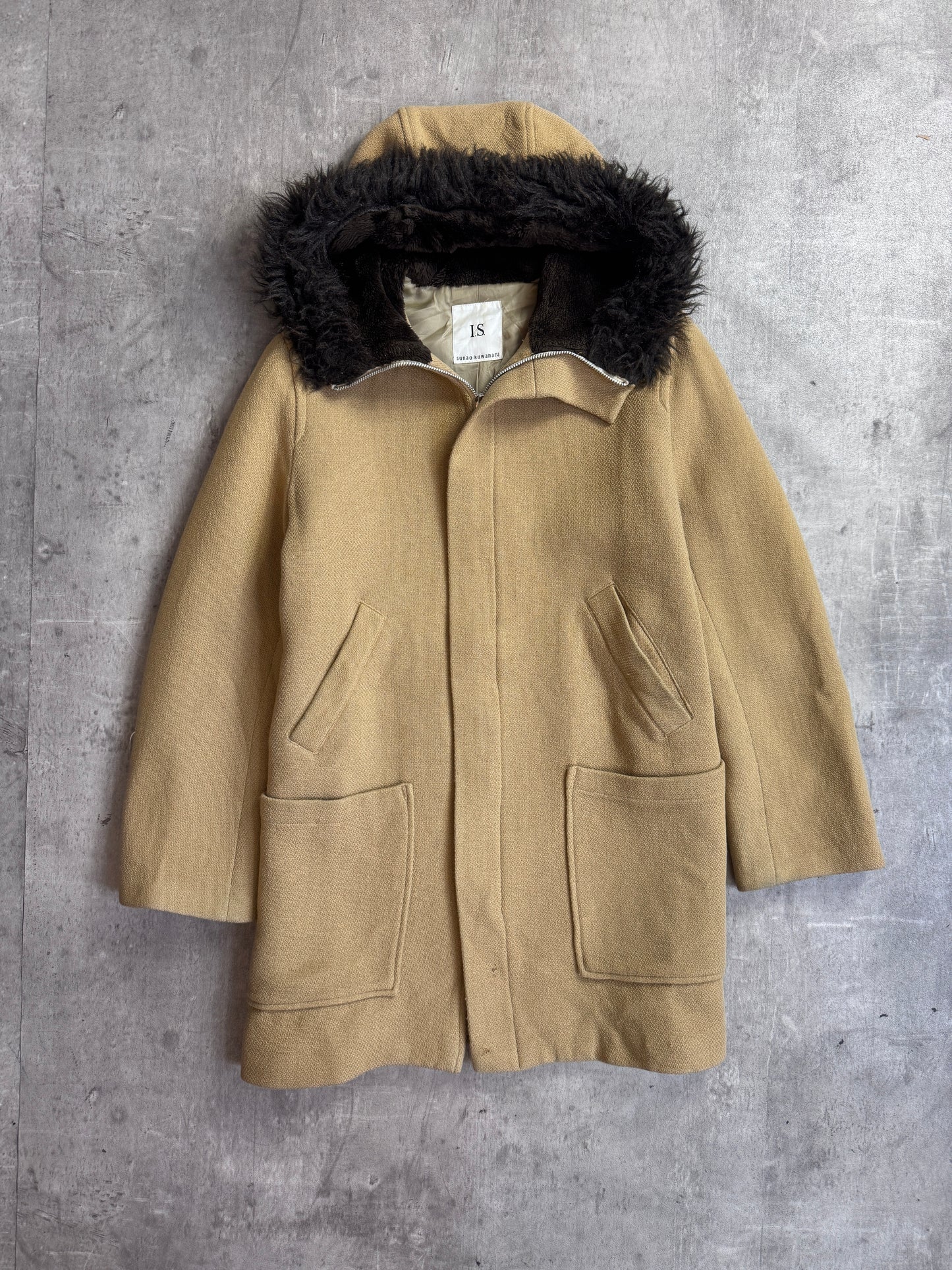 Issey Miyake Sunao Kuwahara Camel Wool Faux Fur Trim Duffel Coat