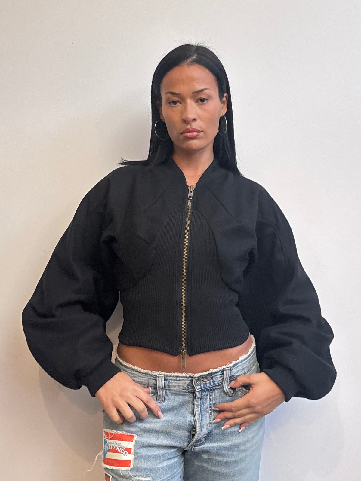 VT Rework Ribbed Hem Black Wool Crop Bomber Jacket
