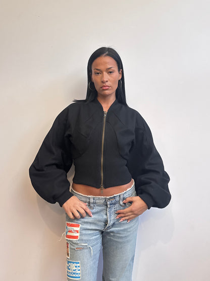 VT Rework Ribbed Hem Black Wool Crop Bomber Jacket