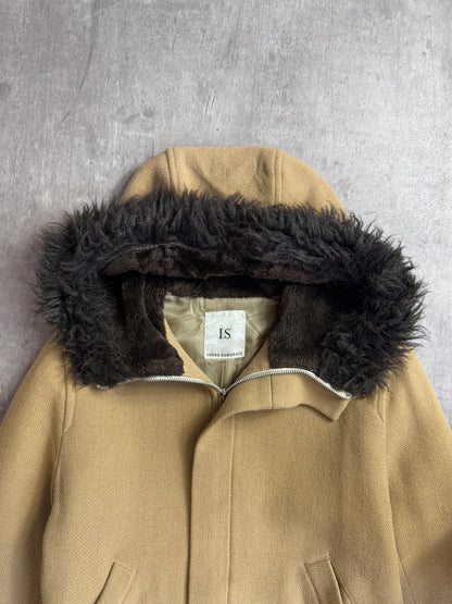 Issey Miyake Sunao Kuwahara Camel Wool Faux Fur Trim Duffel Coat