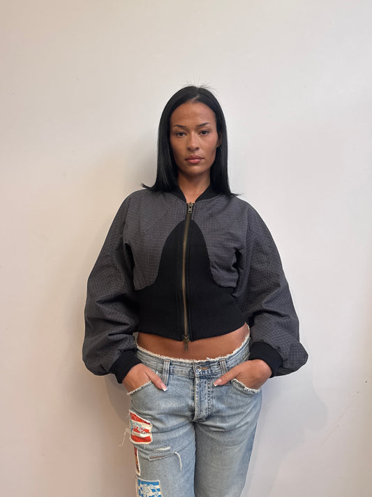 VT Rework: Ribbed Hem Cropped Plaid Bomber Jacket