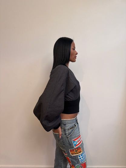 VT Rework: Ribbed Hem Cropped Plaid Bomber Jacket