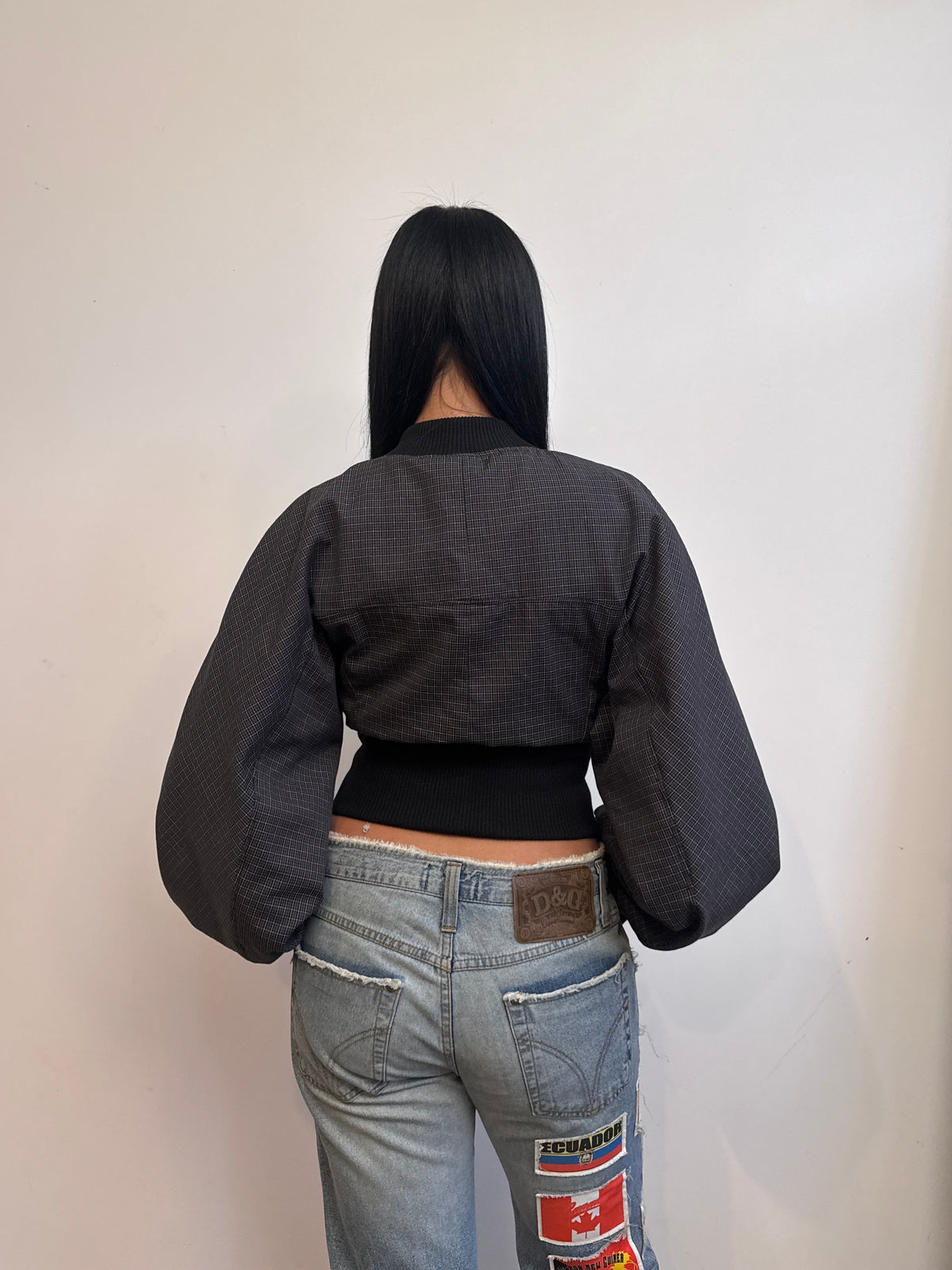 VT Rework: Ribbed Hem Cropped Plaid Bomber Jacket