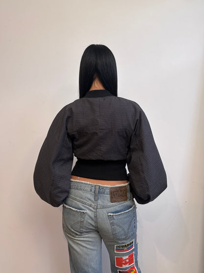 VT Rework: Ribbed Hem Cropped Plaid Bomber Jacket