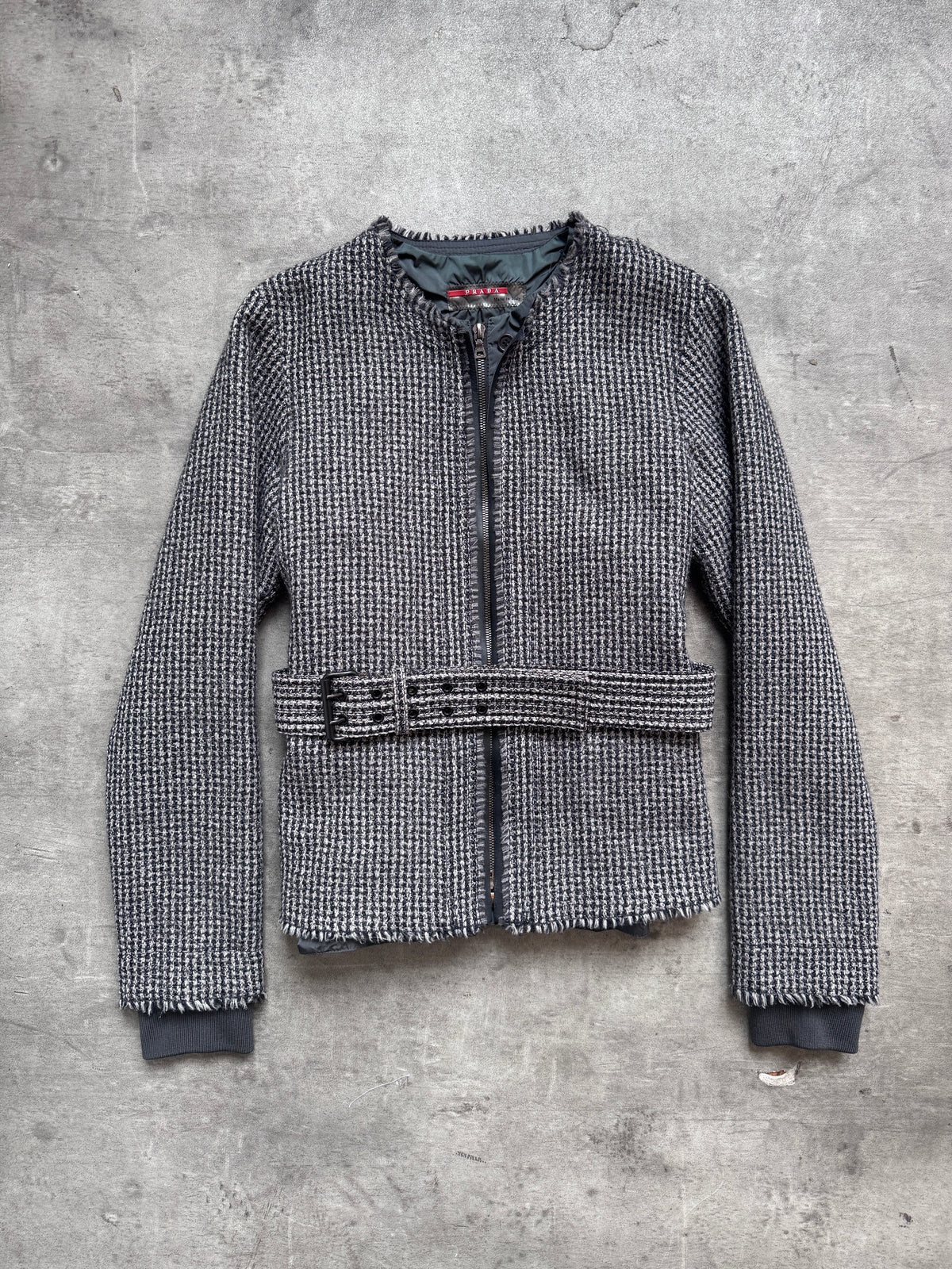 Prada Sport Houndstooth Tweed Belted Layered Blouson