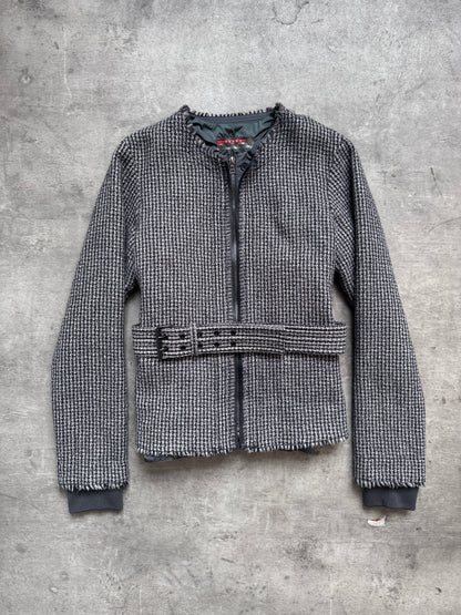 Prada Sport Houndstooth Tweed Belted Layered Blouson