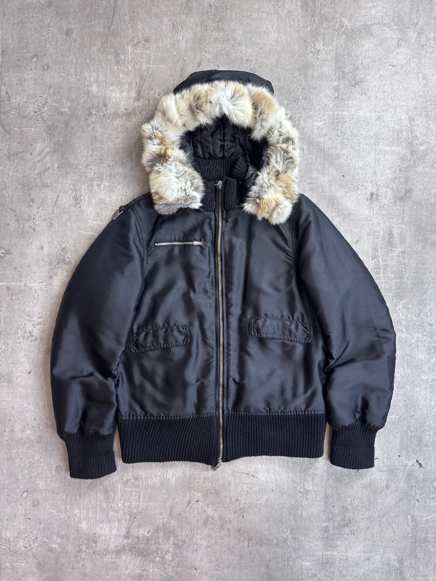 Versace Jeans Couture Rabbit Fur Lined Black Bomber Jacket