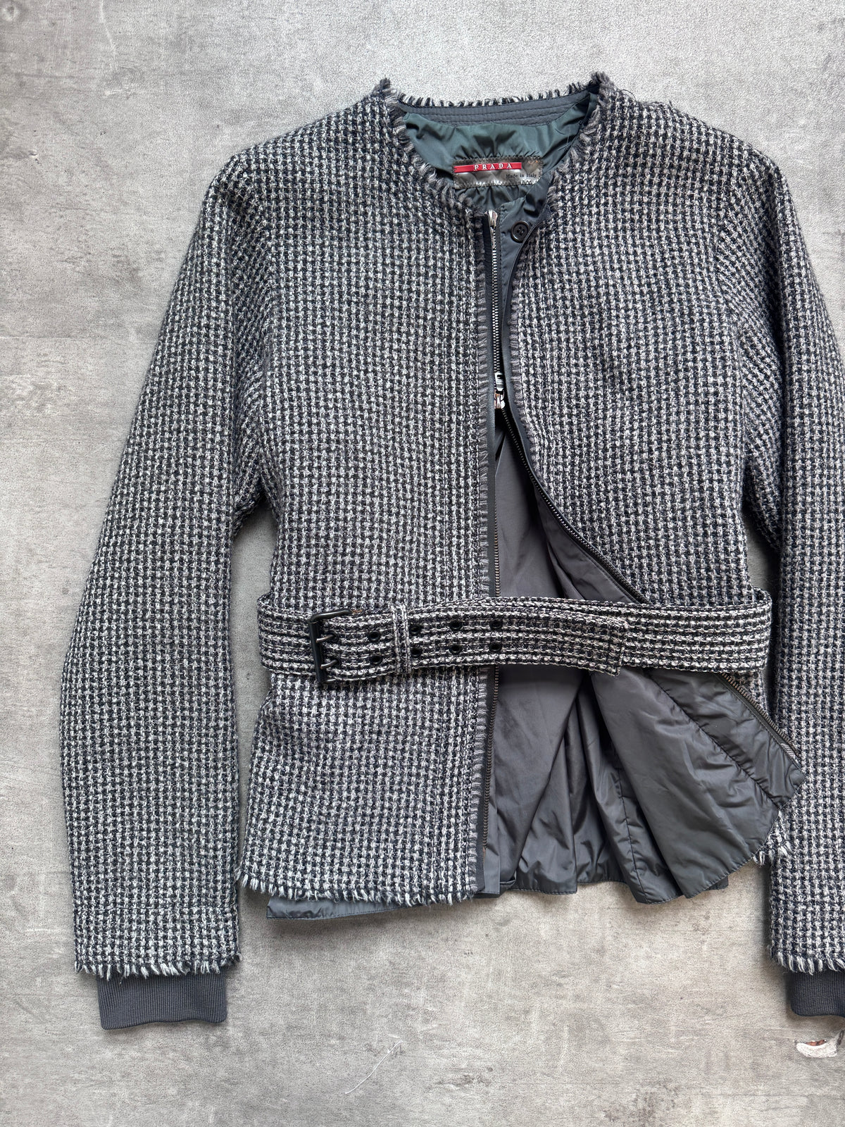 Prada Sport Houndstooth Tweed Belted Layered Blouson