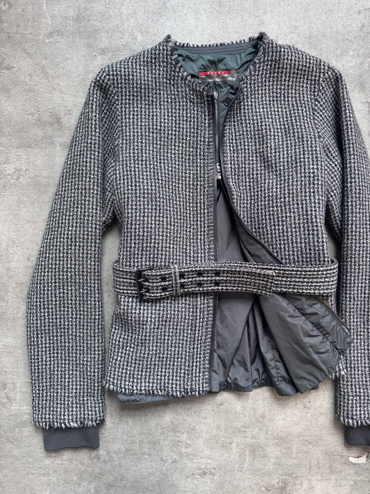 Prada Sport Houndstooth Tweed Belted Layered Blouson