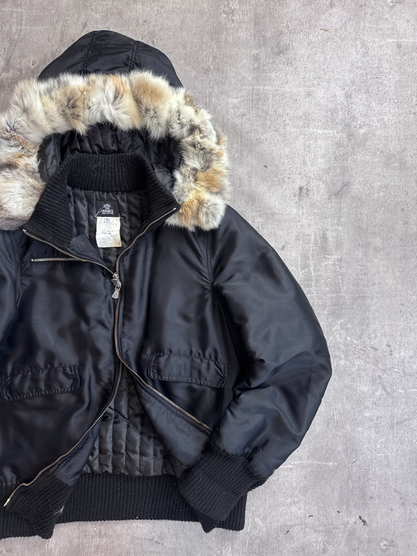 Versace Jeans Couture Rabbit Fur Lined Black Bomber Jacket