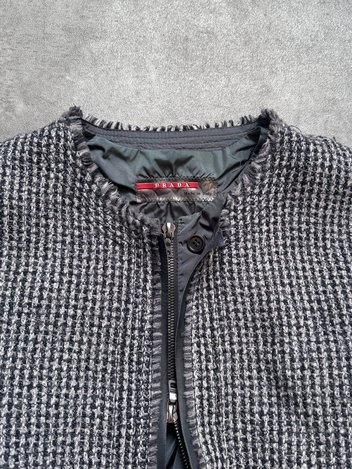 Prada Sport Houndstooth Tweed Belted Layered Blouson