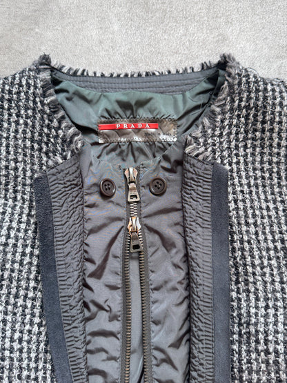 Prada Sport Houndstooth Tweed Belted Layered Blouson