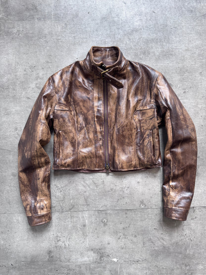 VT Rework: Cropped Throat Latch Hand Painted Brown Leather Jacket