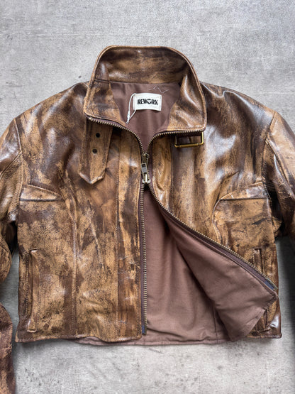 VT Rework: Cropped Throat Latch Hand Painted Brown Leather Jacket