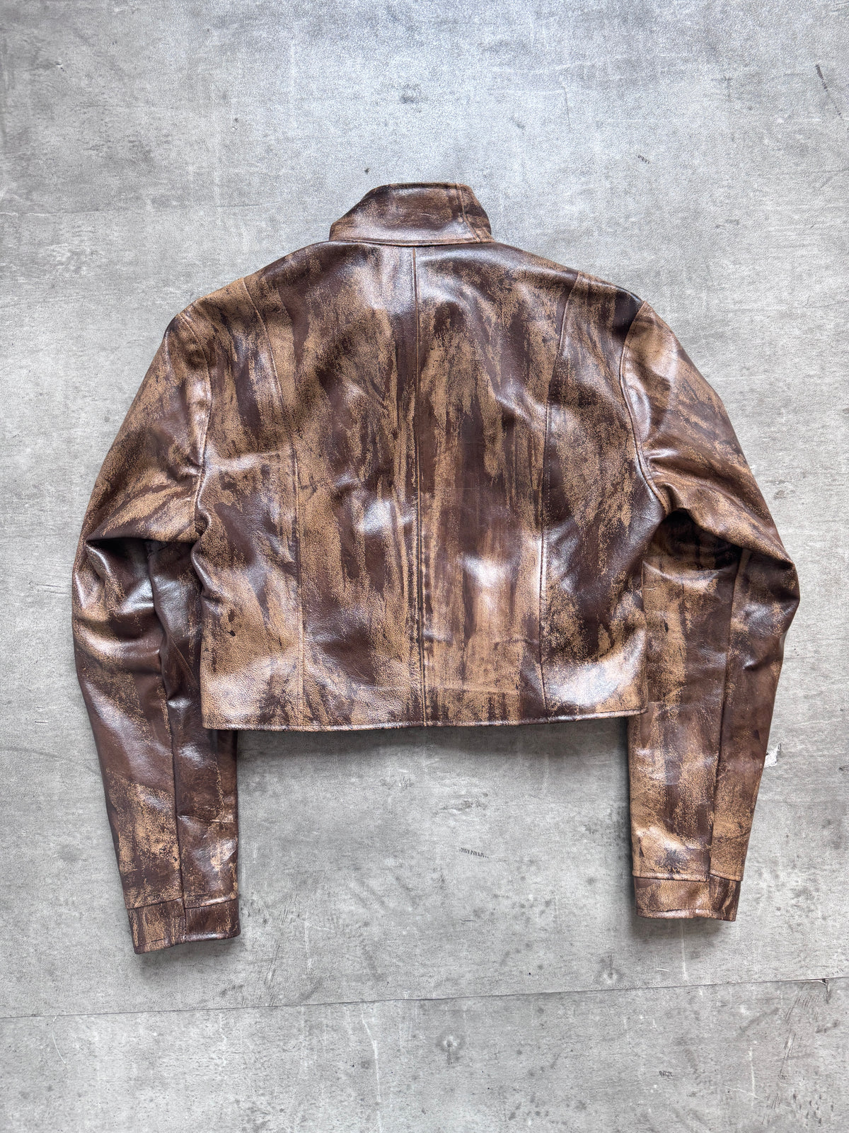 VT Rework: Cropped Throat Latch Hand Painted Brown Leather Jacket