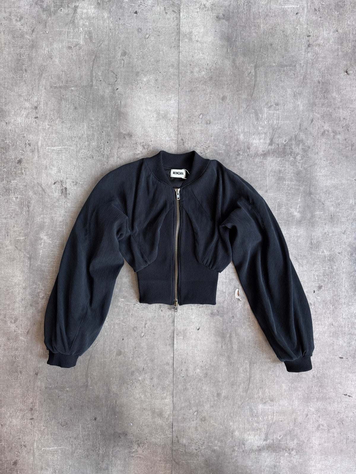 VT Rework: Ribbed Hem Black Japanese Cropped Plaid Bomber Jacket