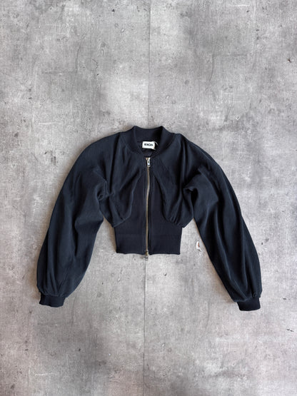 VT Rework: Ribbed Hem Black Japanese Cropped Plaid Bomber Jacket