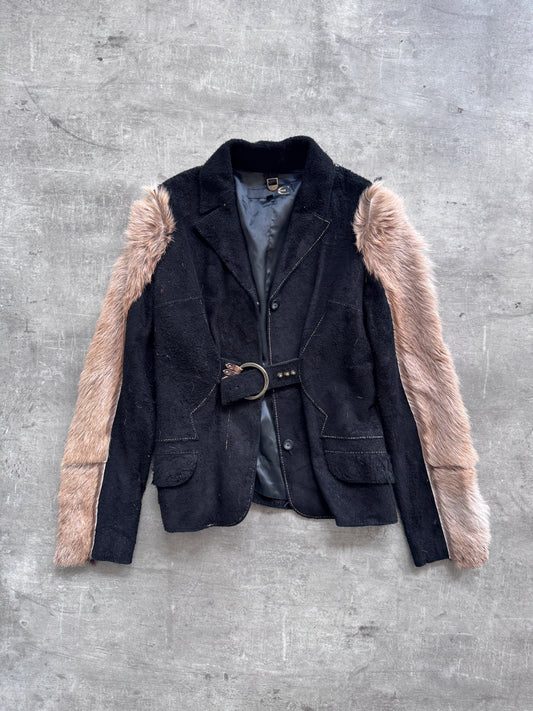 Just Cavalli Fur Sleeve Suede Leather Belted Blazer