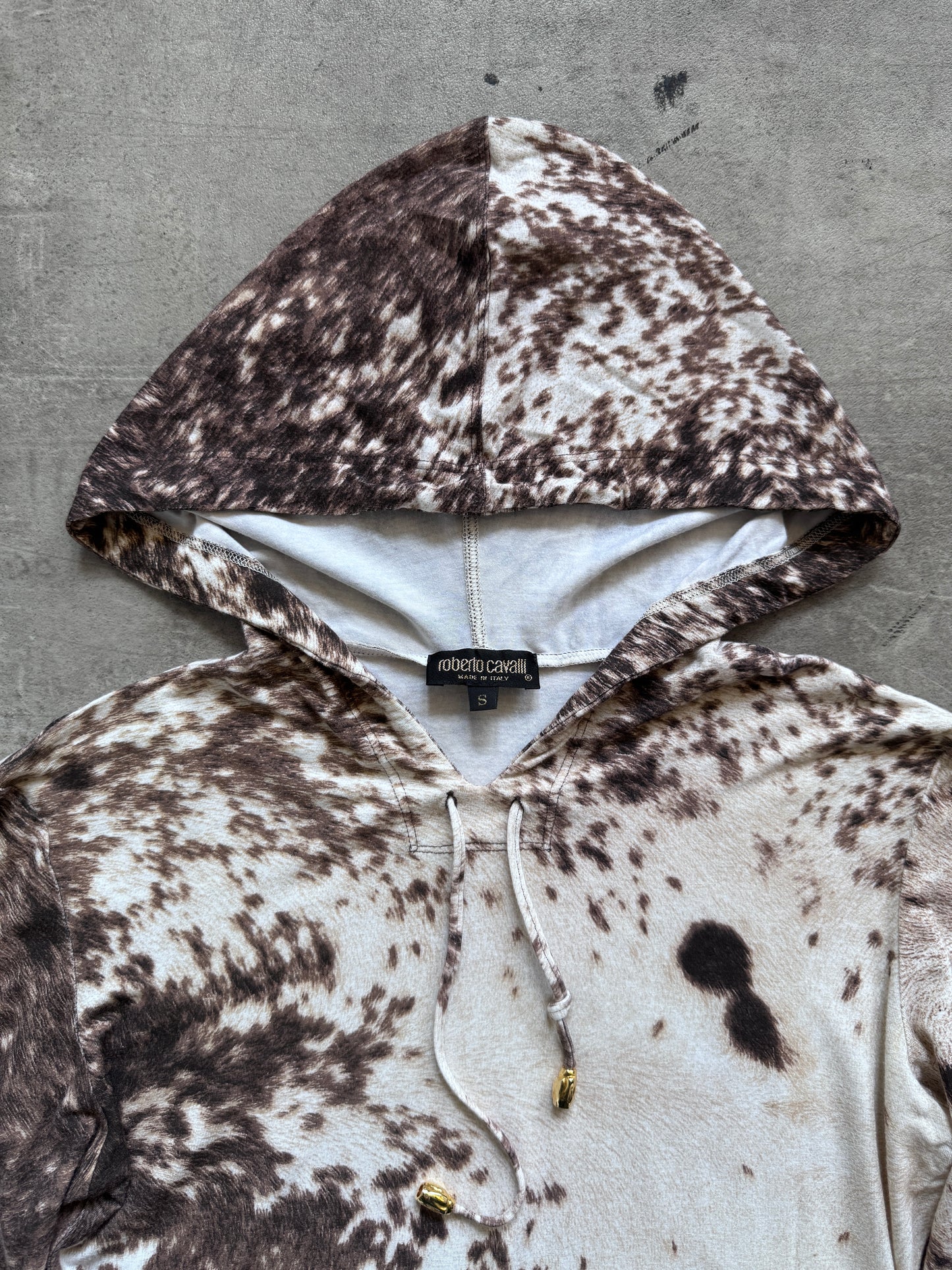 Roberto Cavalli Cowprint Hooded Lightweight LS Crop Top