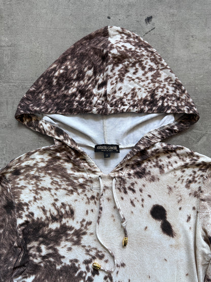 Roberto Cavalli Cowprint Hooded Lightweight LS Crop Top