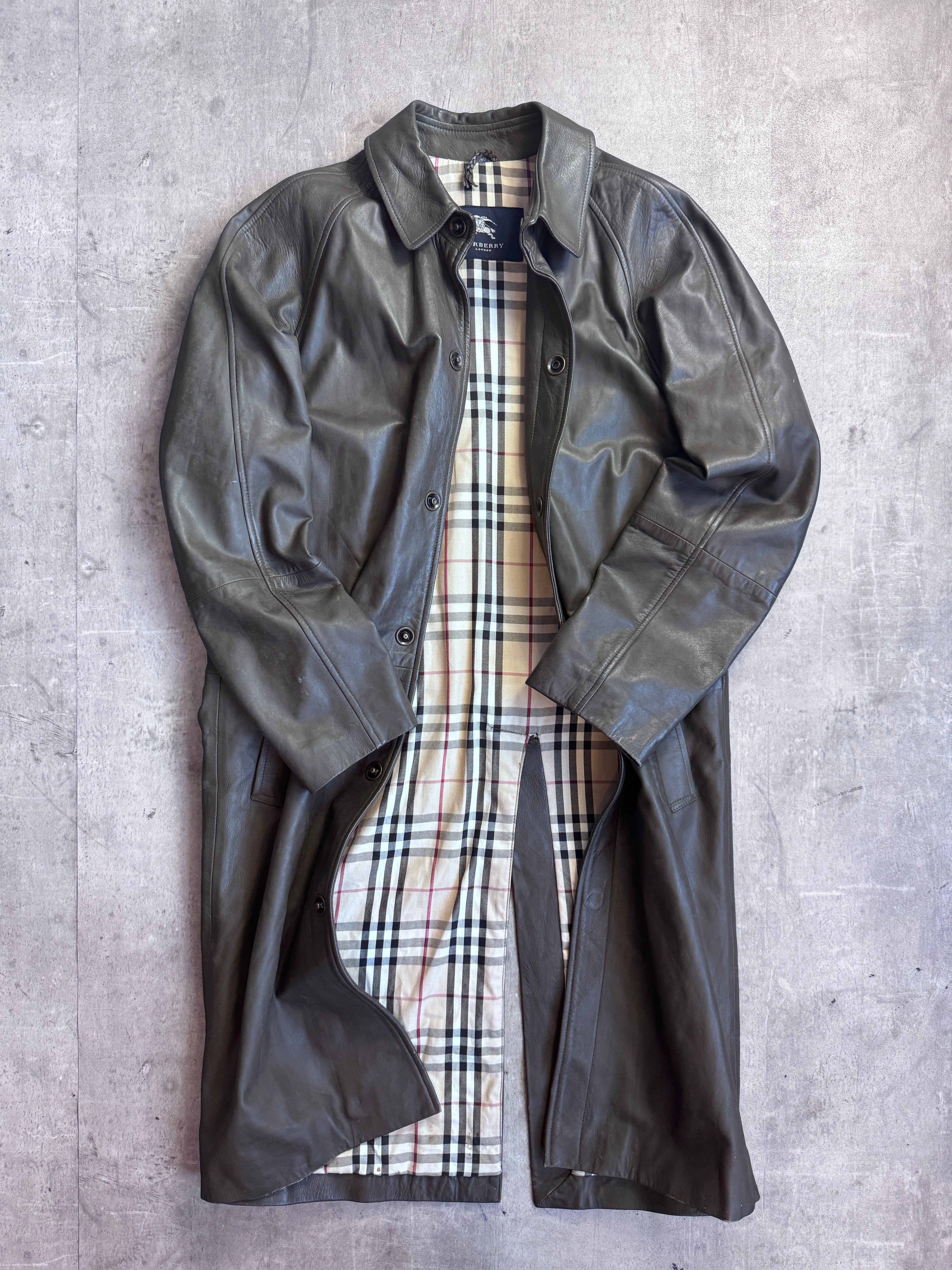 Burberry Nova Check Lined Brown Leather Trench Coat – Vintage