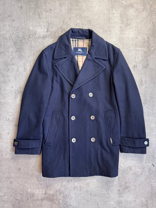 Burberry Navy Nova Check Double Breasted Pea Coat
